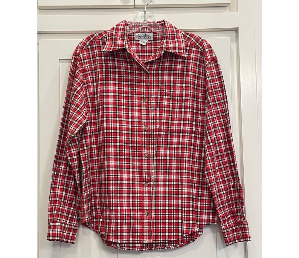 Carolina Colours red white and blue plaid button up SM 100% Cotton
